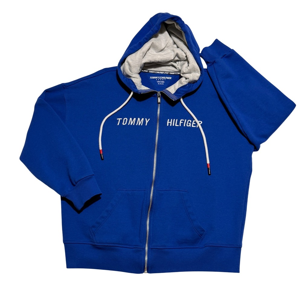 Tommy Hilfiger Sport Mens Full Zip Hoodie Blue Embroidered Logo Size M Excellent